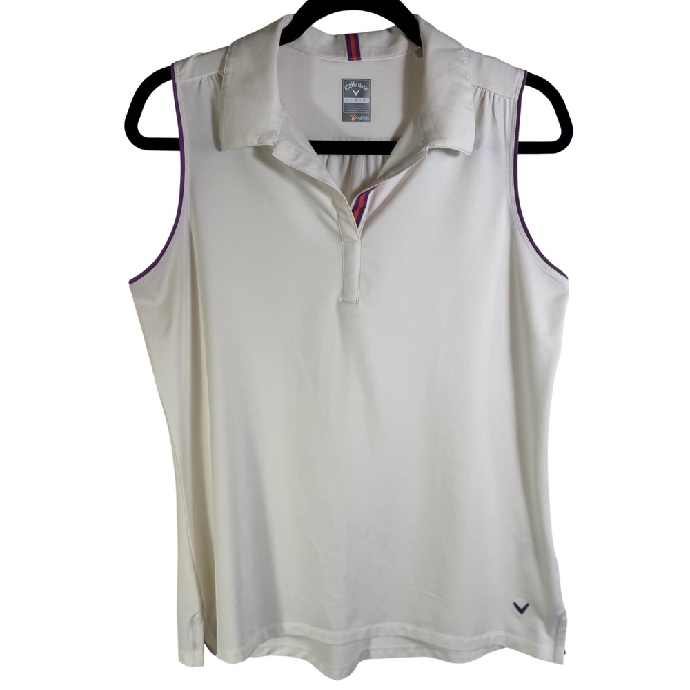 Callaway Womens Opti-Dri Sleeveless Polo Shirt White Purple Accent Large